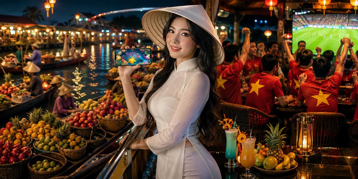 Phụ nữ đội nón lá tại vùng sông Mekong tham gia trò chơi bắn cá trực tuyến trên điện thoại